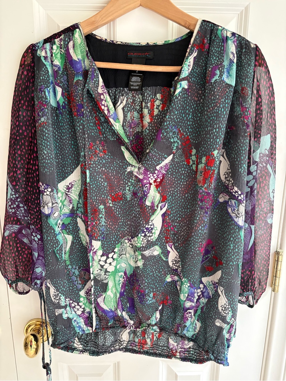 Custo Barcelona 100% Silk Sheer Printed Peasant Blouse Size 2 Boho Tie Neck
